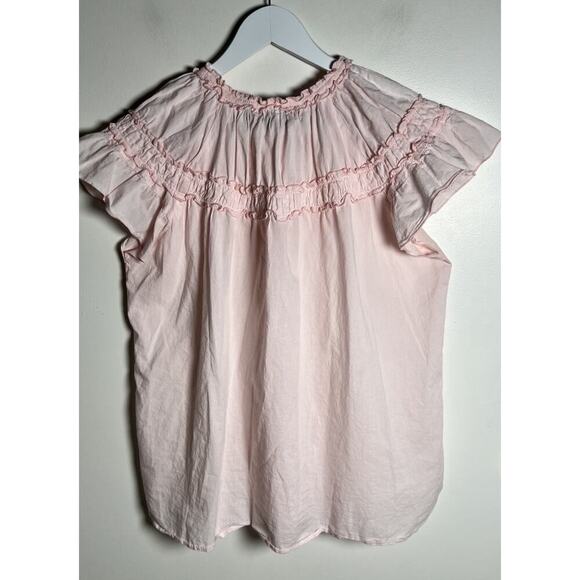 Madison Mathews Size M Cotton Flutter Sleeve Pink Smocked Boxy Button Up Blouse - Picture 3 of 8